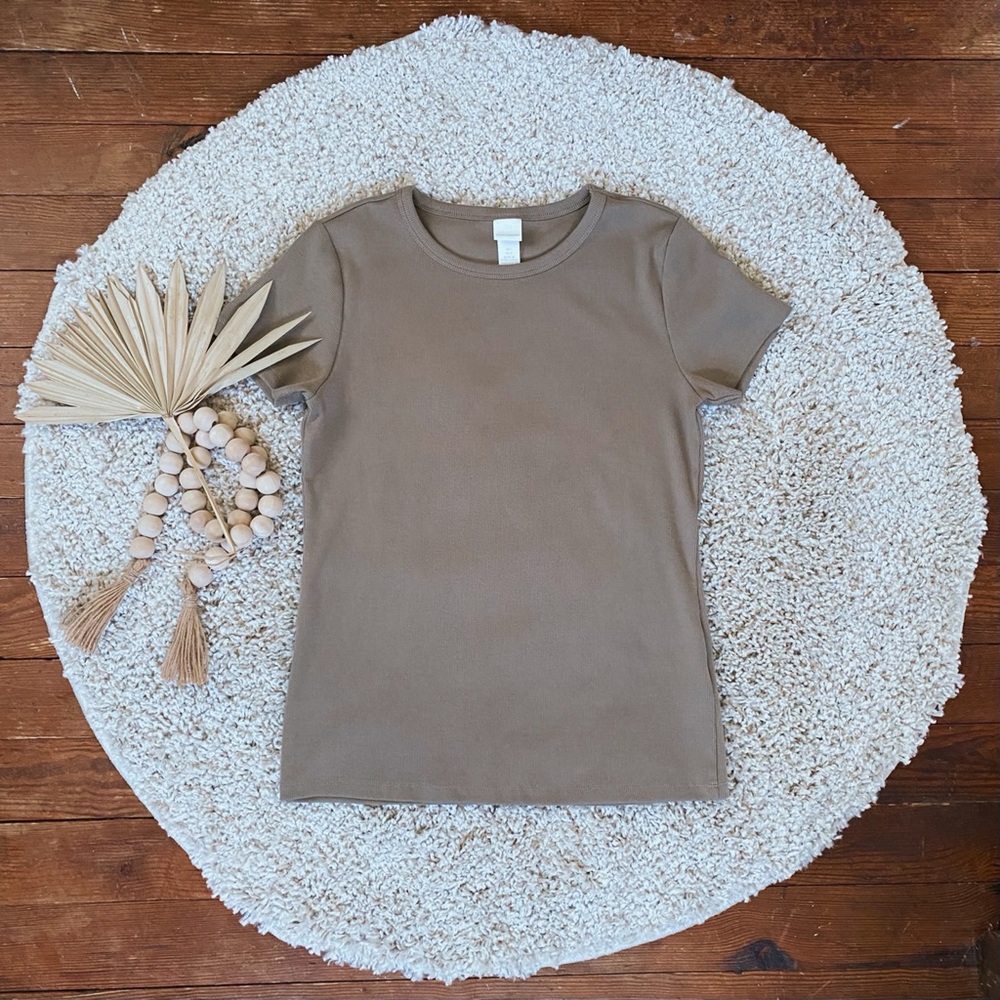 H&M Ribbed Classic Cotton Khaki Neutral T-shirt